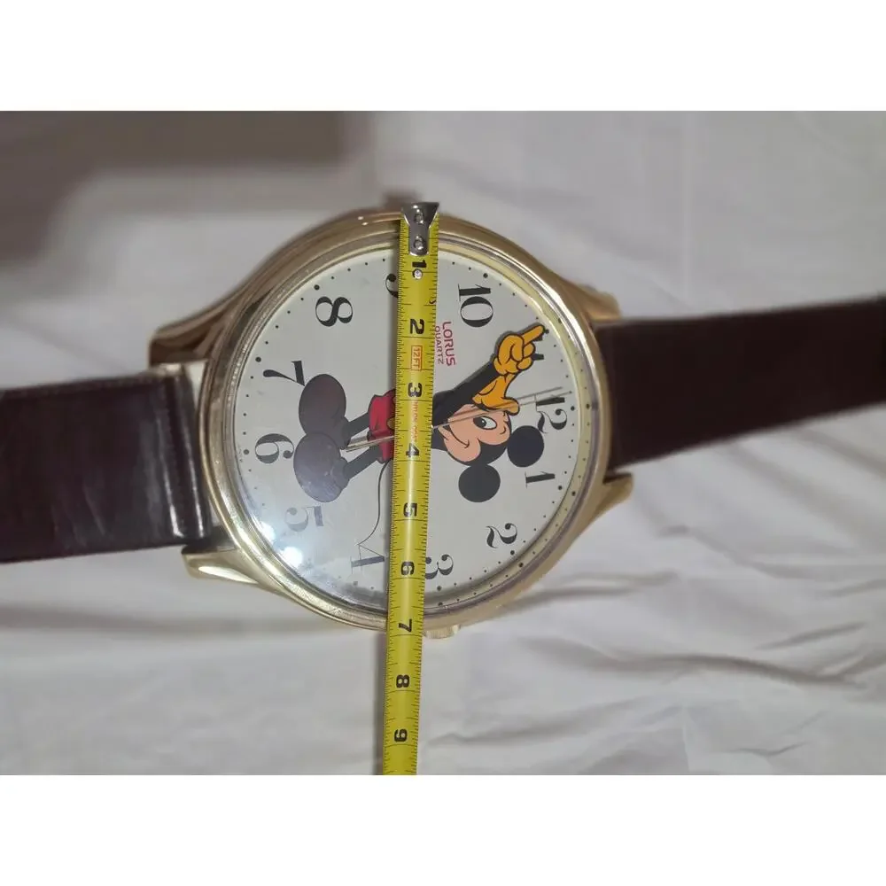 Vintage Lorus Disney Mickey Mouse Quartz Watch – Gold Tone Case, Brown Strap